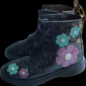 Doc Marten “1460 Airwair” Cosmic Glitter Black Patent Pink & Blue Flowers EU 34